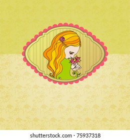 vector retro background with illustrated cute girl with flower