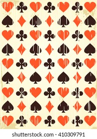 Fondo vectorial retro con símbolos de cartas de juego.  Se puede usar textura sin fin para el diseño del casino, el fondo de la página web, la superficie y las texturas textiles
