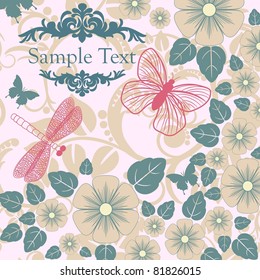 Vector retro background with stylized insects and flowers