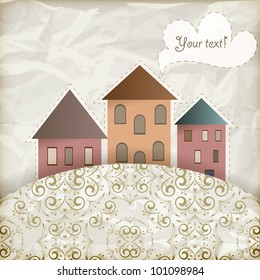 vector retro background with vintage floral pattern and  old houses, place for your text,  crumpled paper texture, gradient mesh