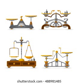 Vector retro balance scales set in flat style