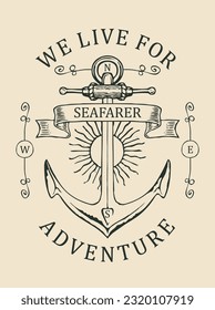 Vektorretro-Banner mit Schiffsanker und -bändern, Nautical, Traveller. Illustration zum Thema Reise, Abenteuer und Entdeckung. Wir leben für Abenteuer