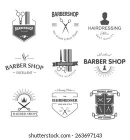  Vector retro barber shop label, logo, badge and design element.
