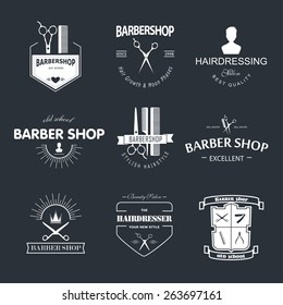  Vector retro barber shop label, logo, badge and design element.