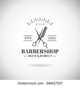 Sello de barbería vectorial retro, placa y elemento de diseño.