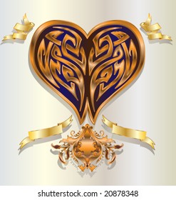 VECTOR Retro / baroque stylized tribal shaped heart in gold / copper with ribbons / banners.
