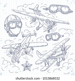 Vector retro biplane, set icons old aircraft on a background of clouds, pilot helmet and glasses