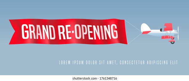 Vector retro biplane with wavy advertising banner for grand opening or re-opening illustration. Store opening or reopening soon advertising design element
