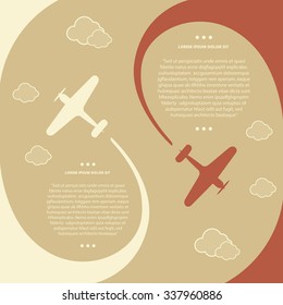 Vector retro biplanes, minimalistic style, whirlwind of airplane, for travel agencies, aviation companies.