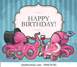 Vector retro birthday card with two funny octopuses