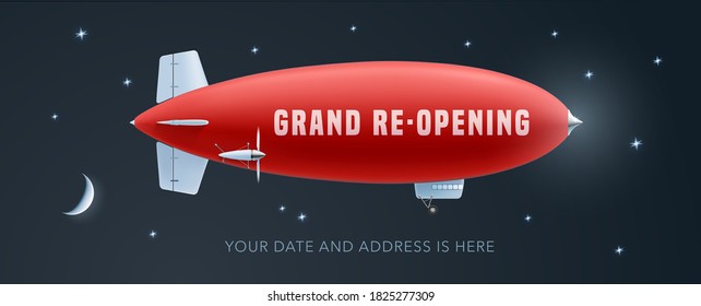Vector retro blimp with wavy advertising banner for grand opening or re-opening illustration. Store opening or reopening soon advertising design element