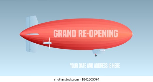 Vector retro blimp with wavy advertising banner for grand opening or re-opening illustration. Store opening or reopening soon advertising design element