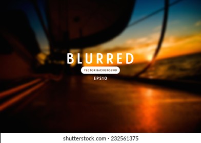 Vector retro blurred unfocused photographic background. Sunset view on the river from a sailboat deck