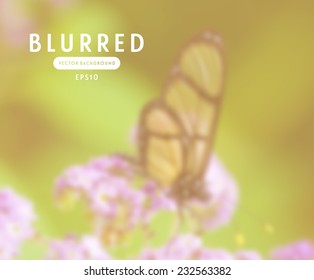 Vector retro blurred unfocused photographic background. Summer flowers with butterfly