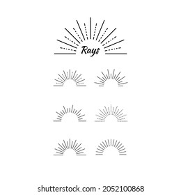 Vector retro bohemian style rays set, black and white illustration, design elements isolated on white background, vintage illustration.