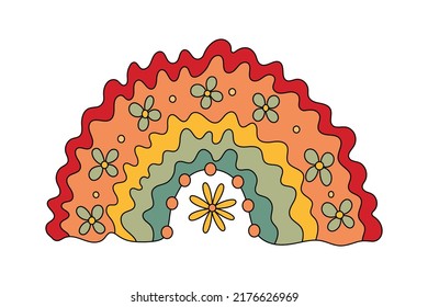 Vector retro boho rainbow with flowers. Hippie colorful design element.70s sticker.