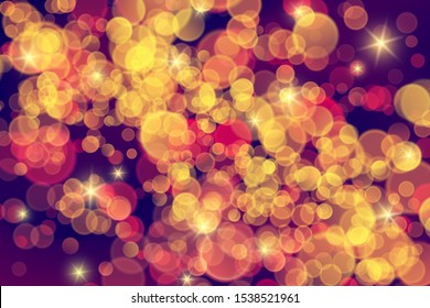 Vector retro bokeh background with neon red and yellow sparkles. Violet festive backdrop with lights.
