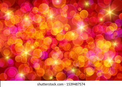 Vector retro bokeh background with neon pink and yellow sparkles. Red holiday backdrop with lights.