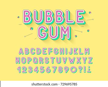 Vector Retro Bubble Gum Bold Font Design, Alphabet, Typeface, Typography. Vector Illustration