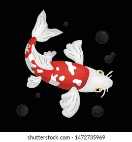 Vector retro calm illustration of koi fish with air bubbles for stickers, prints on black background