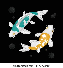 Vector retro calm illustration of koi fish with air bubbles for stickers, prints on black background