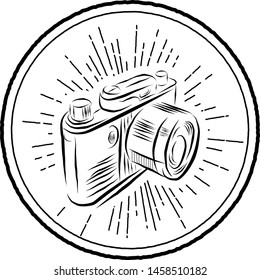 Vector Retro camera in line art design isolated on white background. Photocamera vector outline icon. Element for your retro photo and cinema projects.