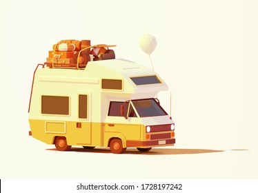 Vector retro camper van or RV illustration. Caravan loaded with luggage ready for road trip or travel to seaside. Classic motorhome or recreational vehicle
