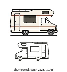 Vektorretro-Camper-Van oder RV-Illustration. Vintage Caravan für die Reise oder Reise. Klassisches Wohnmobil oder Freizeitfahrzeug