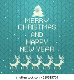 vector retro card with Merry Christmas and Happy New Year, Christmas tree, deers on knitting  background paper