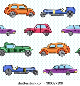 Vector retro cars hand drawn set. Funny vintage cars sketched by hand