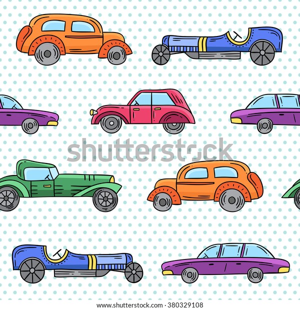 Vector retro cars hand drawn set. Funny vintage cars\
sketched by hand