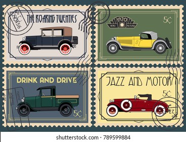Vector Retro Cars from the Roaring Twenties Postal Stamps