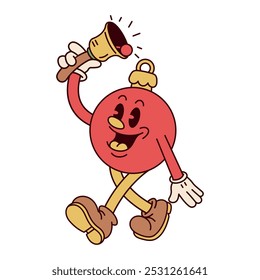 Vector Retro Cartoon Ball Christmas Character Groovy Illustration Isolated
