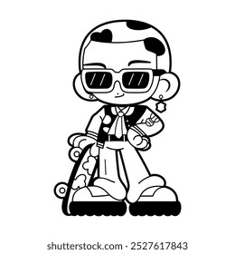 Vector Retro Cartoon Boy With Skateboard Y2k Style Illustration Isolated