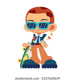 Vector Retro Cartoon Boy With Skateboard Y2k Style Illustration Isolated