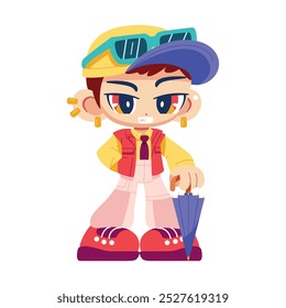 Vetor Retro Cartoon Boy Com Personagem Guarda-Chuva Y2k Estilo Ilustração Isolada