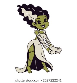 Vetor Retro Cartoon Noiva de Frankenstein Personagem Ilustração Isolada