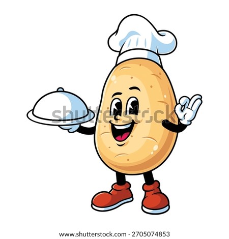 vector retro cartoon, character, and mascot of a chef potato holding tray catering.