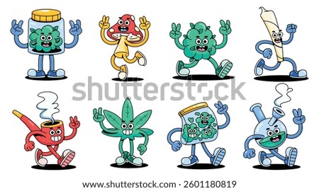 Vector Retro Cartoon Characters Cannabis Weed Set Illustration Isolated