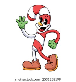 Vector Retro Cartoon Christmas Candy Cane Character Groovy Illustration Isolated