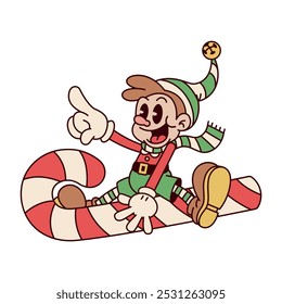 Vector Retro Cartoon Christmas Elf Candy Cane Character Groovy Illustration Isolated