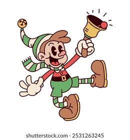 Vector Retro Cartoon Christmas Elf Candy Cane Character Groovy Illustration Isolated