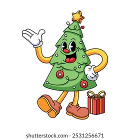 Vetor Retro Cartoon Christmas Tree Personagem Groovy Ilustração Isolada
