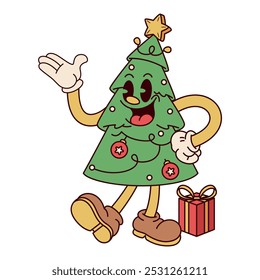 Vector Retro Cartoon Christmas Tree Character Groovy Illustration Isolated