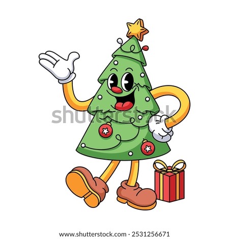 Vector Retro Cartoon Christmas Tree Character Groovy Illustration Isolated