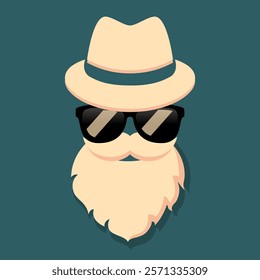 Vector retro cartoon of cool hipster face with sun glasses. Flat illustration of older man with beard and moustaches. Fancy and stylish looking character.