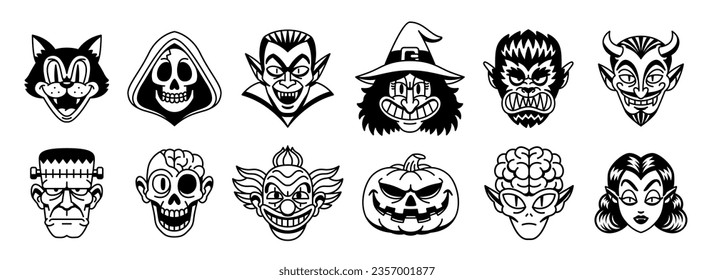 Vector Retro Cartoon Funny Monsters Heads Halloween Set