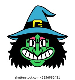 Vector Retro Cartoon Funny Witch Head Isolated