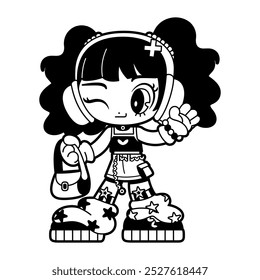 Vector Retro Cartoon Girl With Headphones Character Y2k Style Illustration Isolated