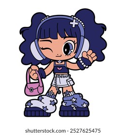 Vector Retro Cartoon Girl With Headphones Character Y2k Style Illustration Isolated